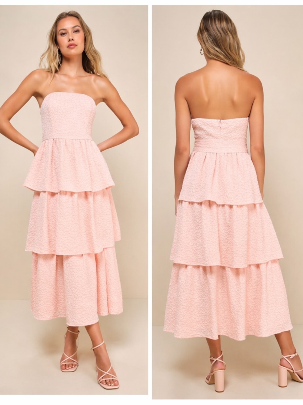 Lulus Truly Marvelous Blush Pink Jacquard Strapless Tiered Midi Dress Medium
